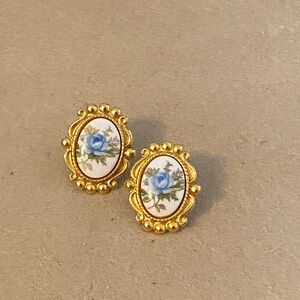 1928 Blue Rose Oval Limoge Cameo style Earrings